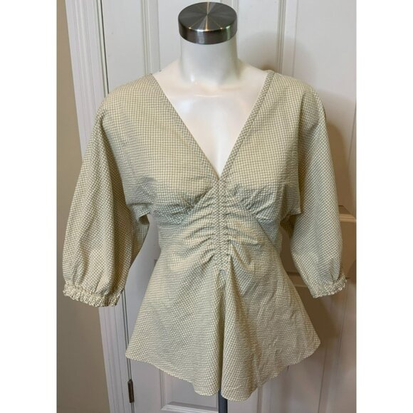 Proenza Schouler White Label Tan Seersucker Striped V-Neck Top, Size 6 - Picture 1 of 6